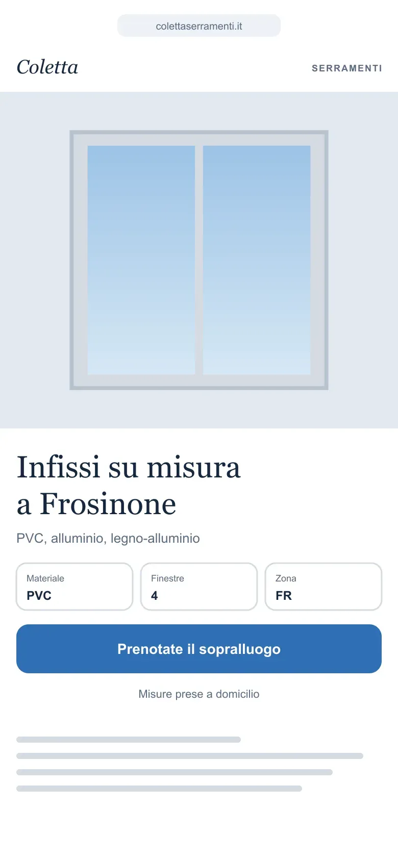 Coletta Serramenti: il sito nuovo visto dal telefono